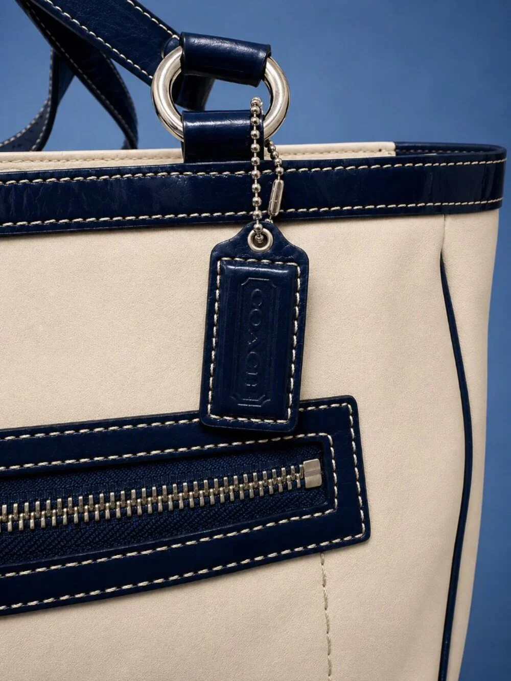 COACH Laura Spectator Carryall Chalk Navy Leather Tote Crossbody Bag - Hang Tag